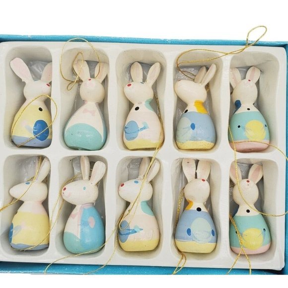 VTG‎ Lot of 12 Miniature Easter Tree Ornaments Bunny Wood Figurines 1.5" Painted - Picture 2 of 5